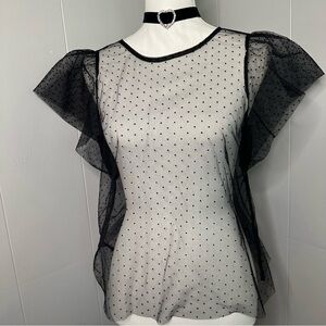 Banana Republic Black Sheer Polka Dot Ruffle Blouse Small Romantic Coquette